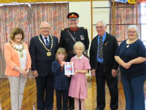 The Mayor of Featherstone, Deputy Mayor, Councillors with Major Stan Hardy and the winning card design.